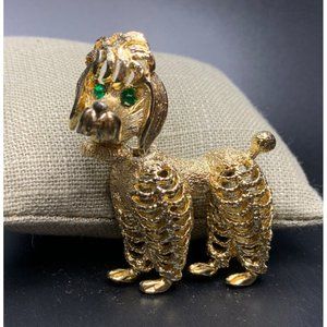 Trembler Poodle Dog Brooch Pin Gold Tone Green Rhinestone Moving Head Vintage